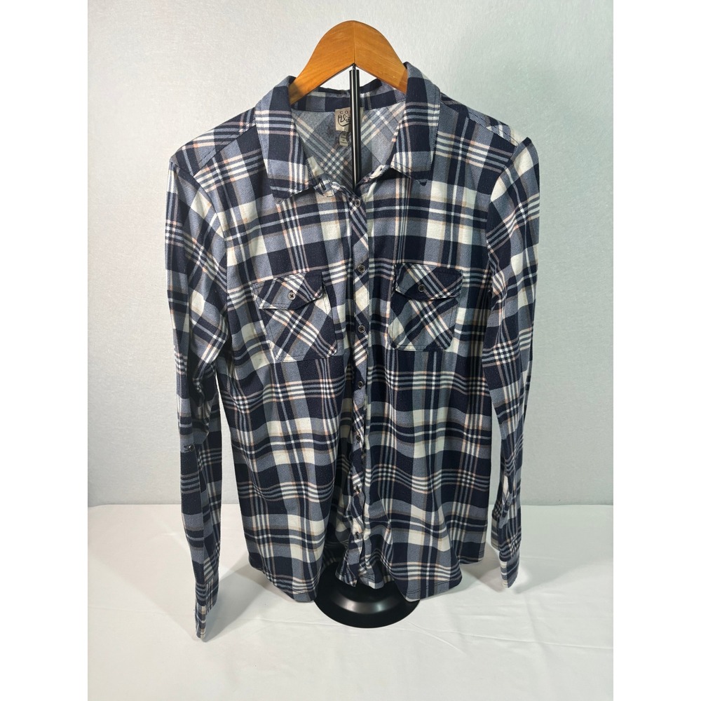 Como Vintage Navy Blue Plaid Roll Tab Button Down Shirt XL 286489